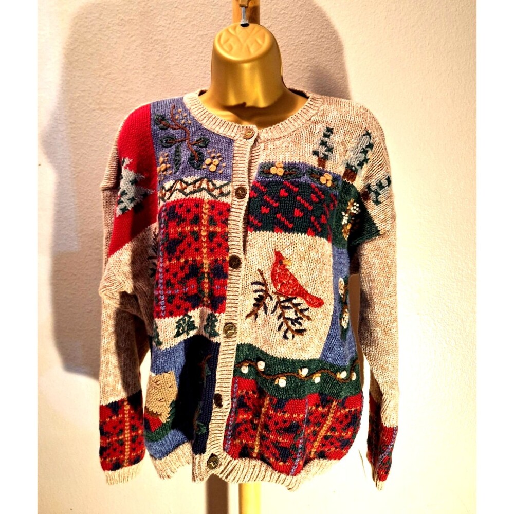 90s Nutcracker Christmas Cardigan XL Knit Holiday Cardinal Patch Cottage Grandma
